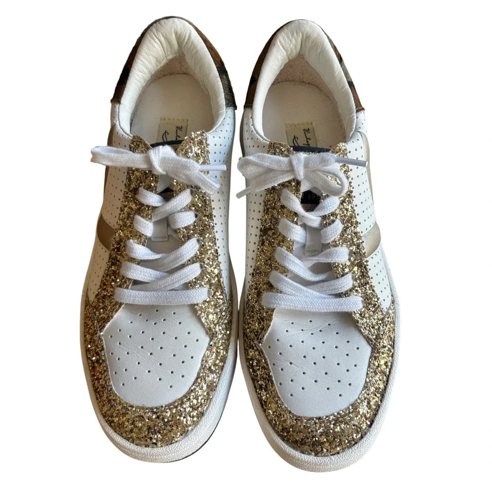 $120 VINTAGE HAVANA Gold Glitter Calf Hair Sneakers Camo Tennis‎ Shoe SIZE 8 EUC